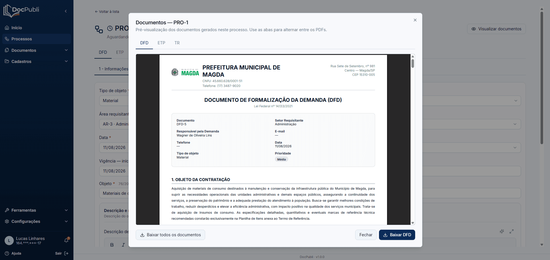 Pré-visualização de PDFs de DFD, ETP e TR gerados em um processo